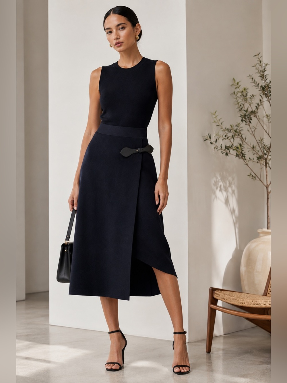 A.L.C. Black Navy Knit Wrap Midi Dress Leather Buckle Waist Size Small S NWT